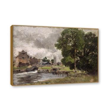 Imagem de Moldura de teca. Arte em tela romantismo estilo constável, (sem título 30), pintura de paisagem inglesa emoldurada, decoração de parede elegante para sala de estar escritório. 50 x 70 cm - 19,6 x 27,5