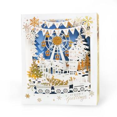 Imagem de qidianhk Cartão de Natal 3D com folha dourada, cartão de felicitações pop up, cena de inverno branca e verde, 17 x 17,6 cm (caixa de entalhe de papel de roda gigante de Natal)