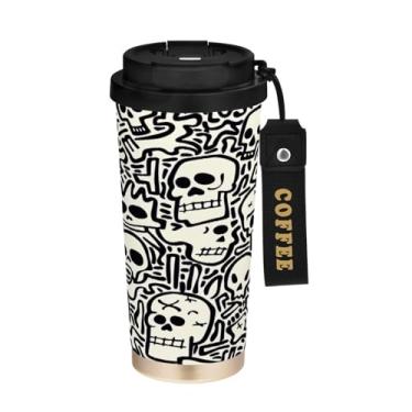 Imagem de STAYTOP Copo de café de aço inoxidável de 500 ml, caneca de café de viagem com isolamento de caveira fofa com tampa, xícara de café à prova de derramamento, copos portáteis reutilizáveis para bebidas
