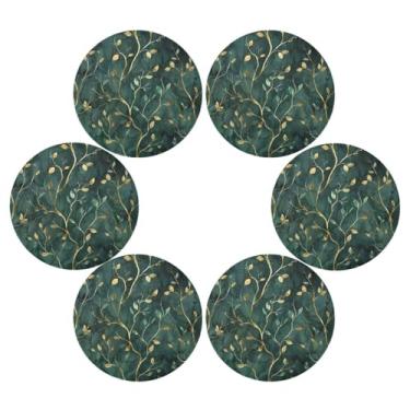 Imagem de Wassud Jogo americano conjunto de 6 tapetes redondos de folhas verdes douradas para cozinha e jantar tapetes laváveis resistentes ao calor para decoração de mesa 39 cm