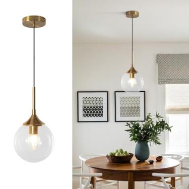Imagem de Luminária pendente de globo transparente para ilha de cozinha, luminária pendente de vidro bolha dourada, luminária pendente moderna de meados do século para sala de estar e sala de jantar.