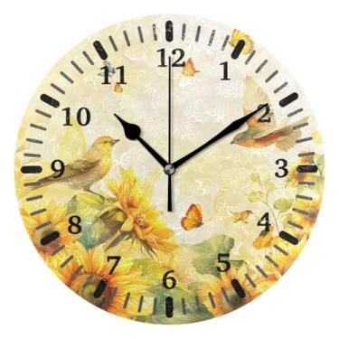 Imagem de CEBUGI Pássaros girassóis relógio de parede operado por bateria relógios redondos silenciosos sem tique-taque relógios de parede para cozinha, banheiro, quarto, escritório, decoração 25,4 cm