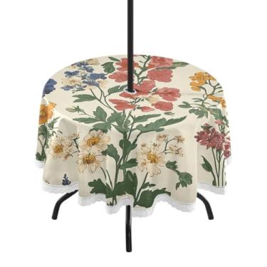 Imagem de CEBUGI Toalha de mesa redonda para uso externo, vintage, flores silvestres, impermeável, com furo Umberlla, capa de mesa lavável para pátio, cozinha, sala de jantar, 152 cm