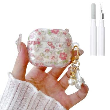 Imagem de Reownest Capa compatível com AirPods 4 com kit de limpeza, estampa de flores fofas, design moderno e floral transparente com chaveiro, capa protetora de TPU macio à prova de choque para meninas e