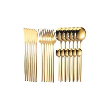 Imagem de Conjunto de Talheres 24 Peças, Aço Inox, Dourado, 6 Garfos, 6 Facas, 6 Colheres de Mesa, 6 Colheres de Sobremesa