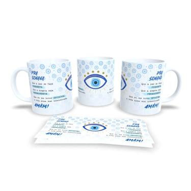 Imagem de Caneca Decorativa com Mensagem Pra Semana, Porcelana Branca, Design Olho Grego, Frase Motivacional em Português, Padrão Círculos Azuis (17360)