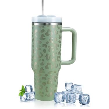 Imagem de Copo Térmico Grande 1200ml de Aço Inoxidável com Alça, Parede Dupla, Tampa com Canudo, Isolamento Térmico, Cilíndrico verde escuro