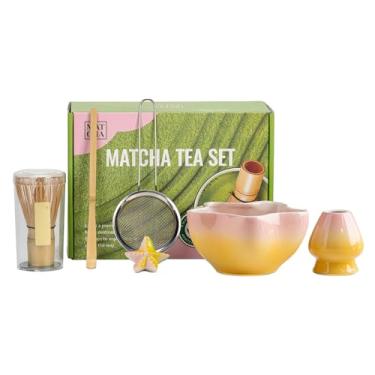 Imagem de Cosiki Conjunto de Batedor Matcha, Kit de Cerâmica Matcha Com Suporte para Batedor de Tigela Matcha de 500ml, Peneira para Fazer Matchas Autênticas (rosa amarelo)