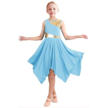 Imagem de ORIDOOR Fantasias de dança de louvor sem mangas para meninas de metal irregular adoração litúrgica lírica dança igreja túnica agasalho, 01 - azul claro, 7-8 Anos