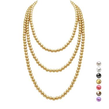 Imagem de genkigold Colar longo de pérolas para mulheres dos anos 1920 - Paris - Luxuosas pérolas de fio de 8 mm com elegância atemporal - pérolas cultivadas naturais - comprimento 152 cm/180 cm - adequado para