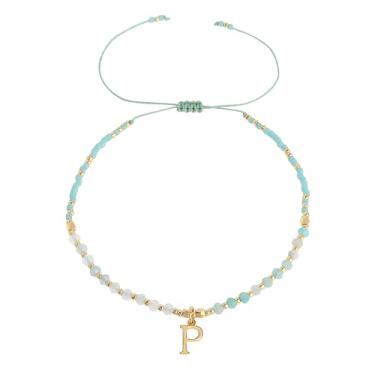 Imagem de Frigotine Pulseiras com inicial de pedra natural com contas douradas para mulheres e adolescentes, boêmio feito à mão verde escuro personalizado contas de pedra turquesa nome da letra pulseira