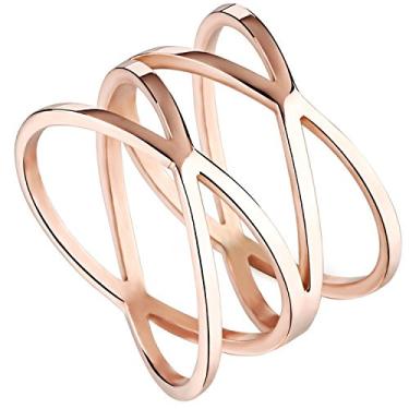 Imagem de Anel feminino 14 mm ouro rosa tom de aço inoxidável duplo X Criss Cross Infinity anel de noivado feminino feminino, Medium, aço inoxidável