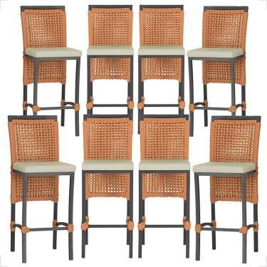 Imagem de 8 Banquetas Em Alumínio Roma Preta Corda Náutica Tecido 7 Terra Cota