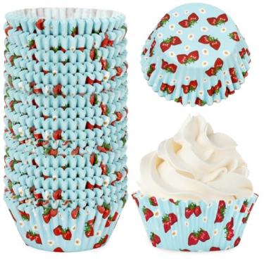 Imagem de JarThenaAMCS 300 peças de envoltório de cupcake de margarida de morango, copos de assar, azul, floral, baga, papel descartável, forros de cupcake para primavera, casamento, chá de bebê, aniversário