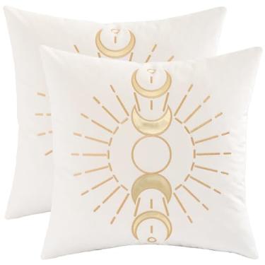 Imagem de Tosleo Capas de almofada Ramadã 45,7 x 45,7 cm Conjunto de 2 capas de almofada de veludo bege e dourado Ramadã Mubarak Decorações de almofada Ramadã Lua para sofá de casa sofá ao ar livre