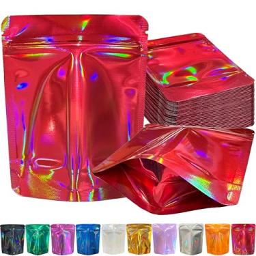 Imagem de YINGZON Pacote com 100 sacos Mylar premium à prova de cheiro, sacos de armazenamento resseláveis com impressão holográfica dupla face, sacos de embalagem de alumínio de 12,7 x 10 cm. (vermelho)