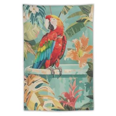 Imagem de Tapeçaria de parede floral tropical papagaio de arara vermelha na banheira decoração de pássaro vibrante arte boho para banheiro quarto acento pendurado alegre cena da natureza 101 x 152 cm tapeçaria