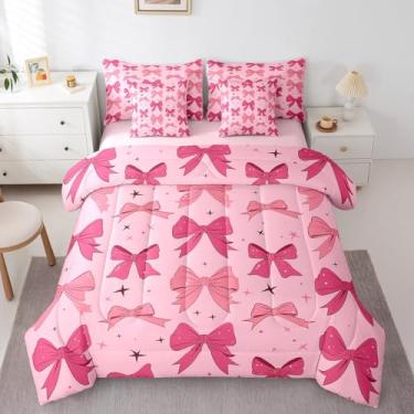 Imagem de Erosebridal Conjunto de cama casal com laço de fita rosa, cama de laço de coquete formal em uma bolsa, conjunto de edredom com estampa de laço de princesa com lençóis, gravata borboleta moderna