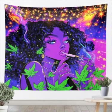 Imagem de Tapeçaria Smoke Cool para adolescentes e adultos, arte para pendurar na parede com folha de maconha, decoração de sala de estar, tapeçaria de menina afro-americana, pintura artística estilo hippie