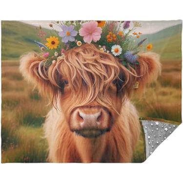 Imagem de Cobertores e mantas florais de vaca Highland personalizados para sofá adulto para homens e mulheres cobertor macio azul 177,8 cm x 139,7 cm