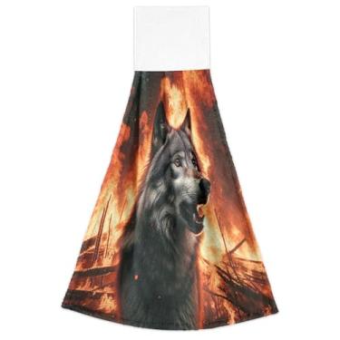 Imagem de Toalhas de mão Wolf on Fire com laços para pendurar toalhas de banheiro ultra absorventes conjunto de 2, toalha de cozinha de outono fofa 47 x 35 centímetros