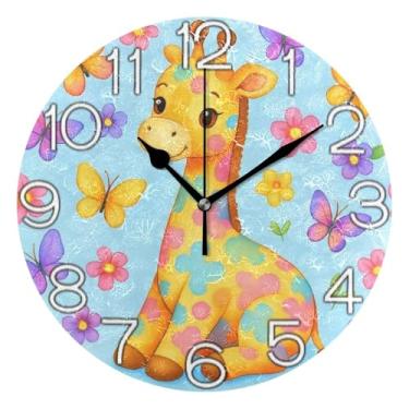 Imagem de GAIGEO Relógio de parede analógico decorativo funky alimentado por bateria relógio de cozinha rústico, decoração de parede de casa de fazenda moderna, lindas borboletas girafa florais, 25 cm