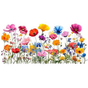 Imagem de Adesivos coloridos de janela de flores silvestres, decalques de buquê floral, lírio, peônia, papoula, adesivos para quarto, sala de estar, escritório, decoração de casa