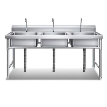 Imagem de Pia de cozinha com três tigelas, pia de aço inoxidável, pias de restaurante comercial, pia independente, pia de uso ao ar livre, lavatório de mão, para lavanderia, banheiro, garagem, fazenda (145 x 50