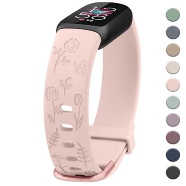 Imagem de Pulseira feminina com gravação floral, compatível com Fitbit Luxe, pulseiras esportivas macias de substituição para monitor de fitness e bem-estar Fitbit Luxe (rosa claro)