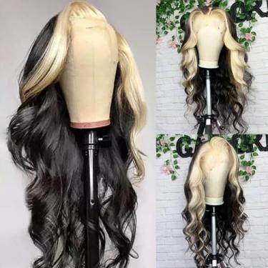 Imagem de ANDRIA Perucas frontais listradas loiras pretas e loiras longas onduladas do corpo sem cola, cabelo de renda transparente, cabelo de fibra sintética resistente ao calor, cabelo de bebê pré-arrancado