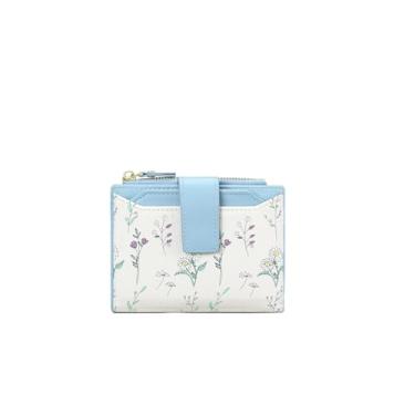 Imagem de Carteira pequena feminina com bloqueio de RFID, couro vegano, dobrável, floral, porta-cartões compacta, com bolso com zíper e janela para identidade, Azul, Clássico