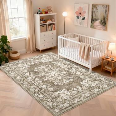 Imagem de GarveeHome Tapete lavável 12 x 18 cm para quarto, tapetes vintage com bordas antiderrapantes, tapetes botânicos de pelo baixo, capa de chão, floral, para sala de estar, sala de jantar, marrom