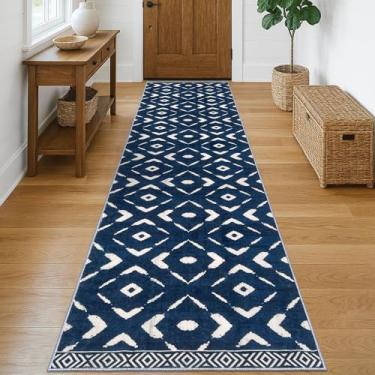 Imagem de KILOCOCO Tapete de corredor de 8 x 25 cm para corredores lavável tapete antiderrapante para lavanderia tapete de pêlo baixo corredor para quarto, cozinha, sala de estar, banheiro, boho, azul