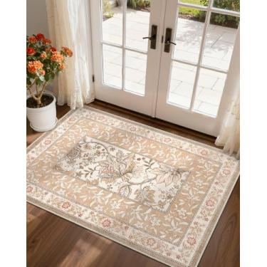 Imagem de GarveeHome Tapete de porta 5 x 7 cm para entrada Provence pequeno botânico rosa marrom cottagecore lavável antiderrapante tapete de pelo baixo para quarto, cozinha, banheiro, entrada