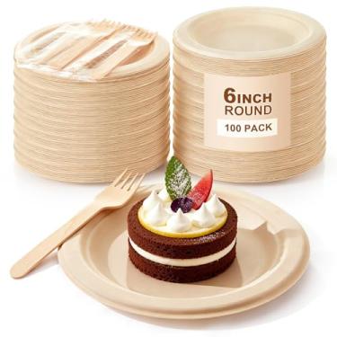 Imagem de Havawish 200 peças de pratos de papel biodegradável compostáveis de 15 cm e garfos de 12 cm, pequenos pratos e garfos de sobremesa descartáveis, seguros para micro-ondas e resistente a vazamentos