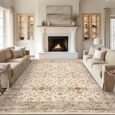 Imagem de Tapete vintage 9х12, suporte antiderrapante, lavável, resistente a manchas, supermacio, envelhecido, tapete persa, ideal para áreas de alto tráfego no quarto, sala de estar, sala de jantar, marfim