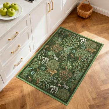 Imagem de GarveeHome Tapete de selva 5 x 7 cm com estampa animal, antiderrapante, lavável, para entrada, cozinha, interior, tapete de porta pequeno, tapete florestal para quarto, decoração de casa, verde escuro