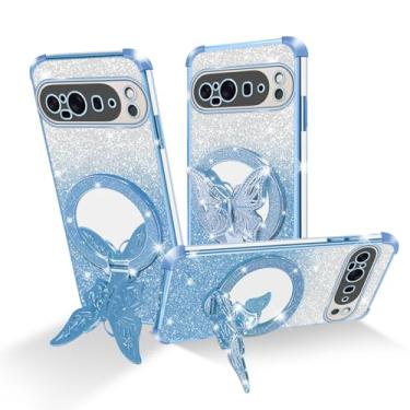 Imagem de Easyscen Capa para celular Google Pixel 9 Pro (6,3 polegadas), com suporte de borboleta e 4 cantos de airbag protetora, capa protetora à prova de choque de luxo para mulheres e meninas - azul
