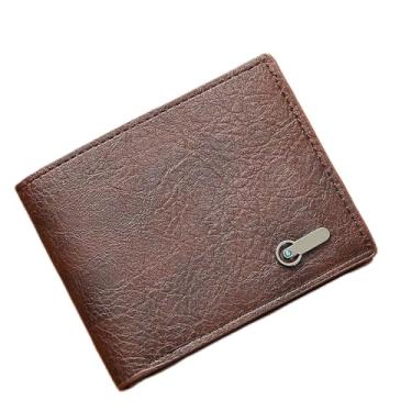 Imagem de Carteira masculina casual de couro PU com clipe para dinheiro, Marrom, Carteira dobrável