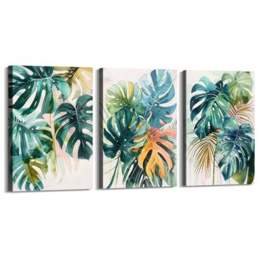 Imagem de Arte de parede de folhas tropicais – Impressão de folha de palmeira verde aquarela, pôster Monstera, decoração de plantas tropicais modernas para sala de estar em casa (SKU4-3PCS, 12 x 18 pol) = (30 x