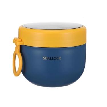 Imagem de Pote de comida multifuncional com trava de vedação – Recipiente portátil para almoço com colher dobrável, tampa de vedação e capa à prova de poeira para refeições em movimento (azul)