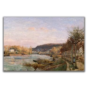 Imagem de Yomcut Arte de parede em tela Camille Pissarro - Pôster do Sena em Bougival - Pintura de paisagem natural, impressão de pintura de mestre famoso, pôster vintage, decoração de parede estética de quarto