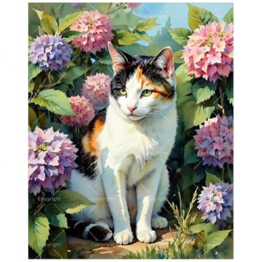 Imagem de TAOPAOLAB Calico Cat in Garden Paint by Numbers Kit para adultos - Gato tricolor DIY com pintura de hortênsias em tela 40,6 x 50 cm, conjunto de tinta acrílica, adequado para iniciantes, arte para