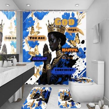 Imagem de Conjunto de 4 peças de cortina de chuveiro preta Queen com cortina de chuveiro à prova d'água, tapete antiderrapante, tapete absorvente, capa de tampa de vaso sanitário, citação inspiradora Afrcia