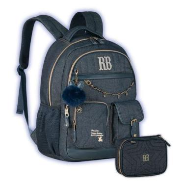 Imagem de Kit Mochila Jeans Rebecca Bonbon Costas Estojo 36 Elásticos, Azul