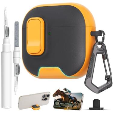 Imagem de Capa protetora para AirPods 4 com trava, textura de couro TPU, durabilidade, antiperda e à prova de choque, acessórios de capa protetora com kit de limpeza em chaveiro para Apple AirPods 4 geração