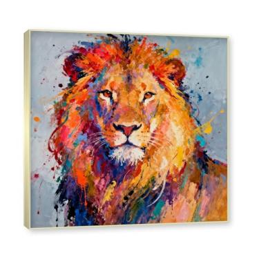 Imagem de NHLDZYH Moldura dourada. Pintura salpicada de leão pintura em tela abstrata arte animal mural vívido chama a atenção para sala de estar decoração de casa moderna. A05. 50 x 50 cm.