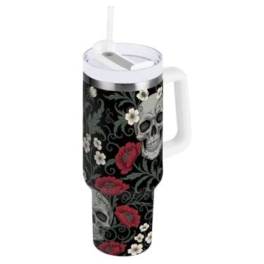 Imagem de SEHANY Copo Skull Gothic de 1,134 g com alça, copo isolado de aço inoxidável de parede dupla, à prova de vazamento, caneca de café isolada para viagem, cabe no suporte de copo de carro