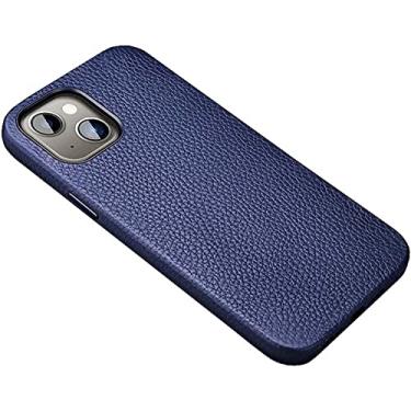 Imagem de KAPPDE Capa traseira de telefone com padrão de lichia, para Apple iPhone 14 Plus 2022 6,7 polegadas capa de couro com forro flocado à prova de choque [proteção de tela e câmera] (cor: azul)