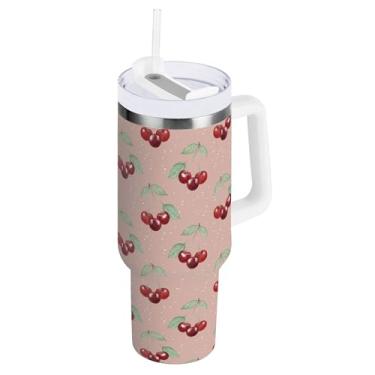 Imagem de SEHANY Copo de cereja fofo de 1,134 g com alça, copo isolado de aço inoxidável de parede dupla, à prova de vazamento, caneca de café isolada para viagem, cabe no suporte de copo de carro